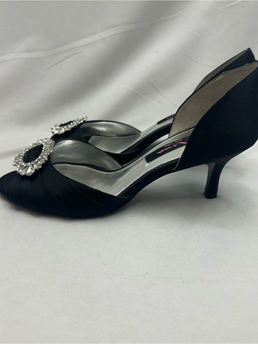 Nina Black Satin Like Open Toe Heels with Crystal Buckle 8 - Picture 4 of 6